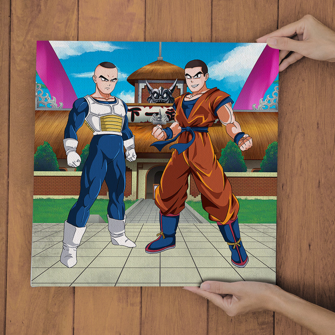 "Ein personalisiertes Dragon Ball Poster mit Goku und seinen Freunden im Kampfmodus, erhältlich bei uns im Shop."