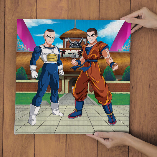 "Ein personalisiertes Dragon Ball Poster mit Goku und seinen Freunden im Kampfmodus, erhältlich bei uns im Shop."