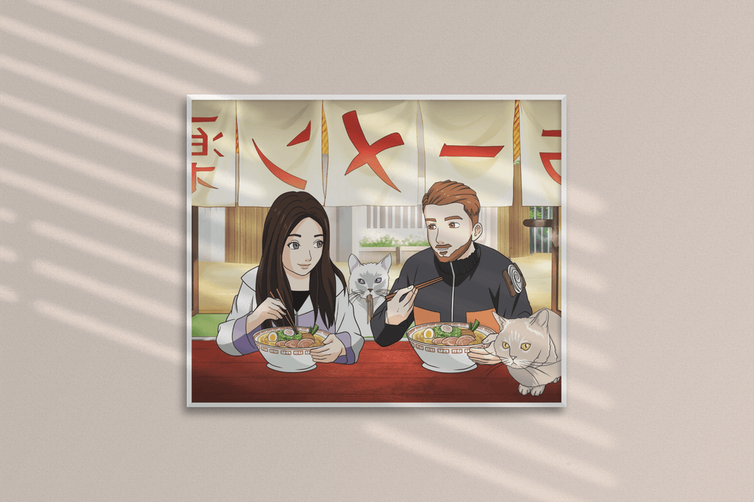 "Ein personalisiertes Naruto Poster, zeigt Naruto und seine Freunde beim gemeinsamen Essen von Ramen, erhältlich bei uns im Shop."